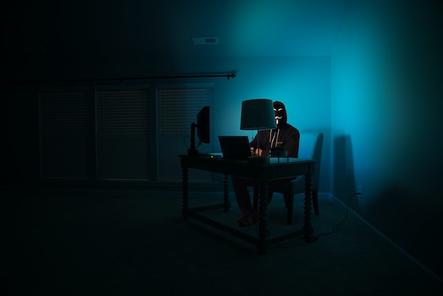 A man in a black hoodie and a Guy Fawkes mask sitting behind a computer.