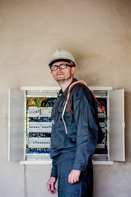 An electrician wearing personal protective gear with an electrical panel behind them