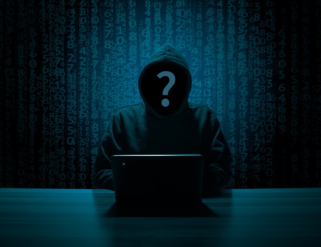 A hooded man with an unrecognizable face in front of a computer
