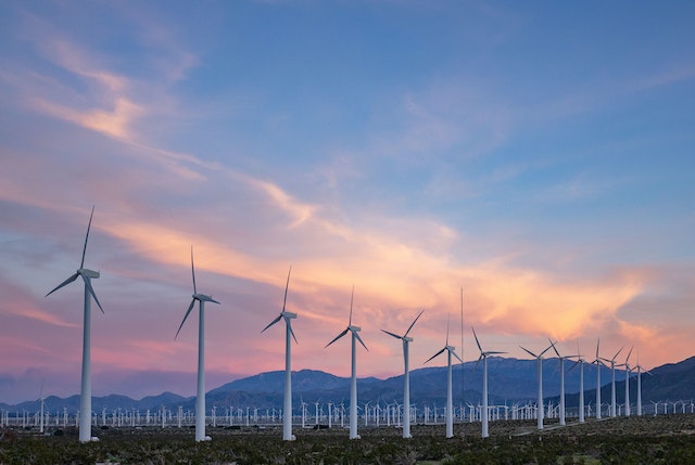 A wind farm at sunset