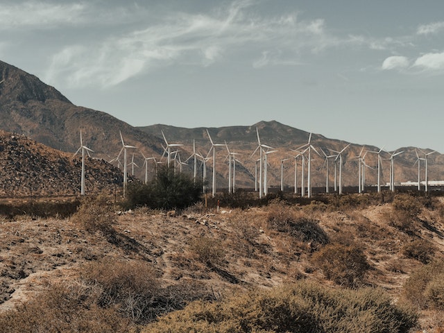 A wind farm near the mountains