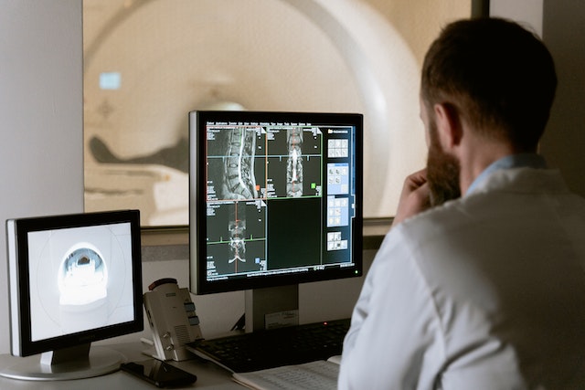 Doctor looking at images on a computer screen